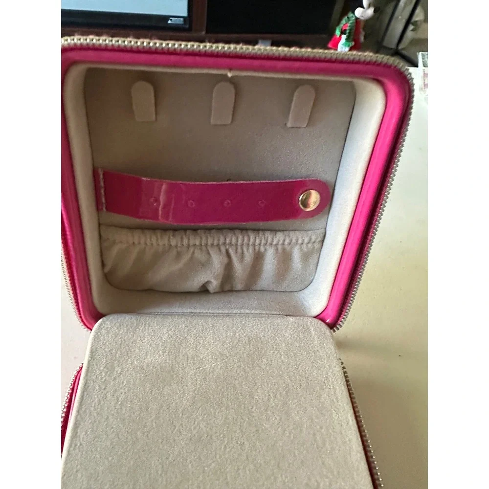 Pink Faux patent Leather Jewelry Box‎ Travel Organizer Mirror Zippered Case